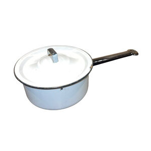 Vintage Enamelware White & Blue Small Sauce Pot With Lid For Decoration Only GUC